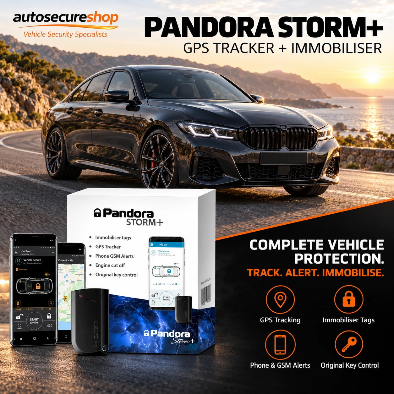 Pandora Storm+ GPS tracker and vehicle immobiliser with security tags and phone alerts