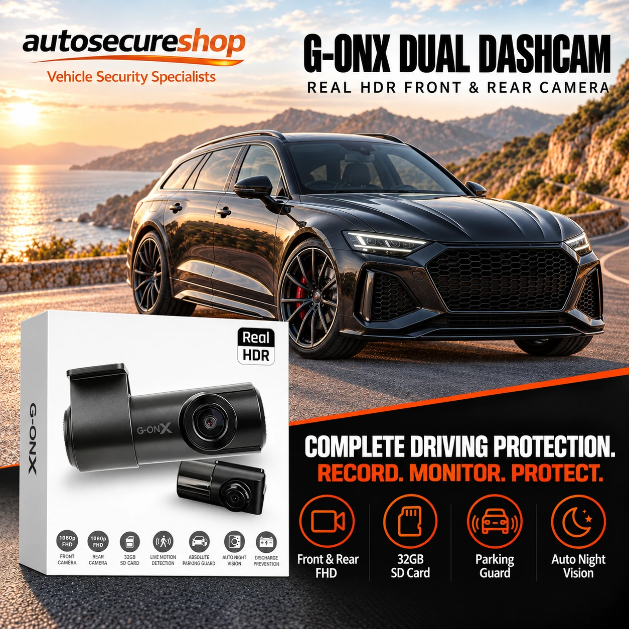 G-ONX dual dashcam with front and rear 1080p FHD cameras and parking protection