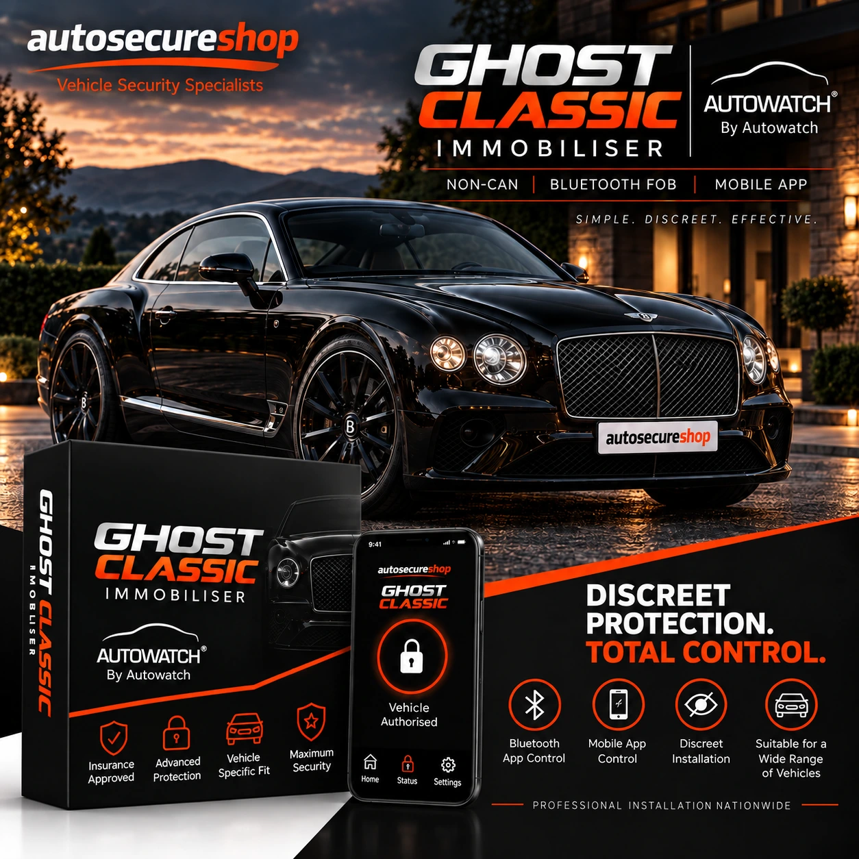 Ghost Classic Immobiliser by Autowatch with black Bentley, smartphone app control and professional Autosecureshop installation