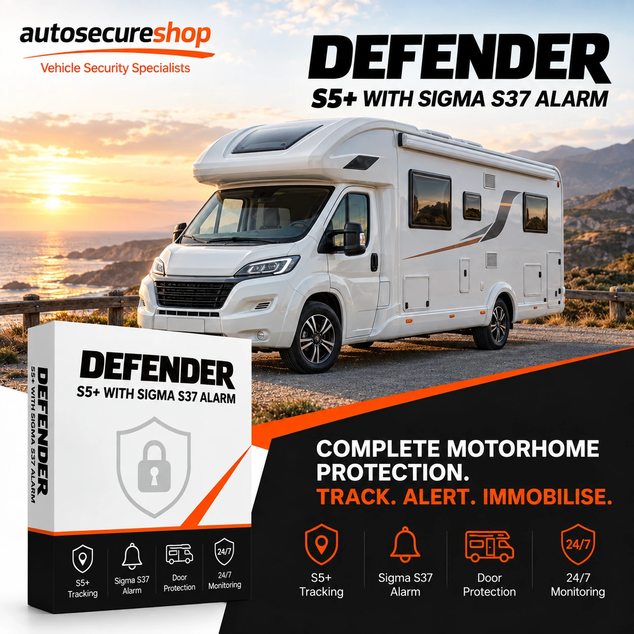 Defender S5+ tracking system with Sigma S37 alarm for motorhome security